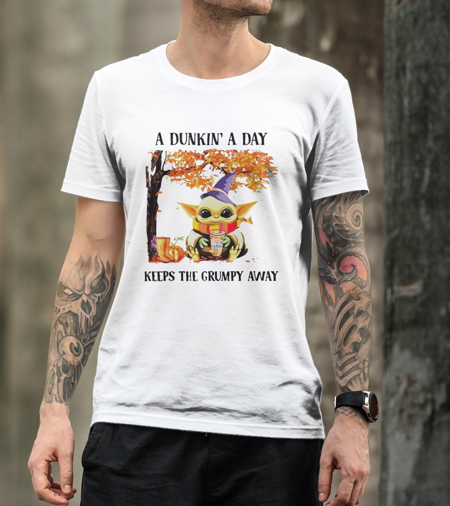 A Dunkin' A Day Keeps The Grumpy Away Baby Yoda Autumn Halloween T-Shirt