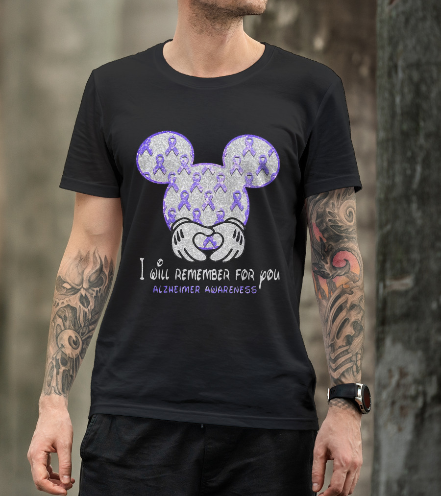 I Will Remember For You Alzheimer Awareness Mickey Pattern With Purple Ribbons T-Shirt