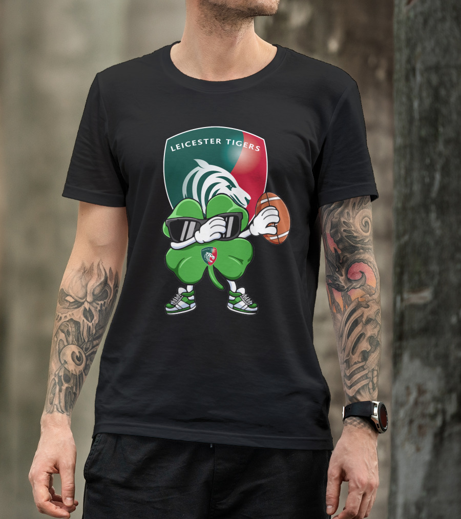 Leicester Tigers Shamrock Mascot Holding Rugby Ball T-Shirt
