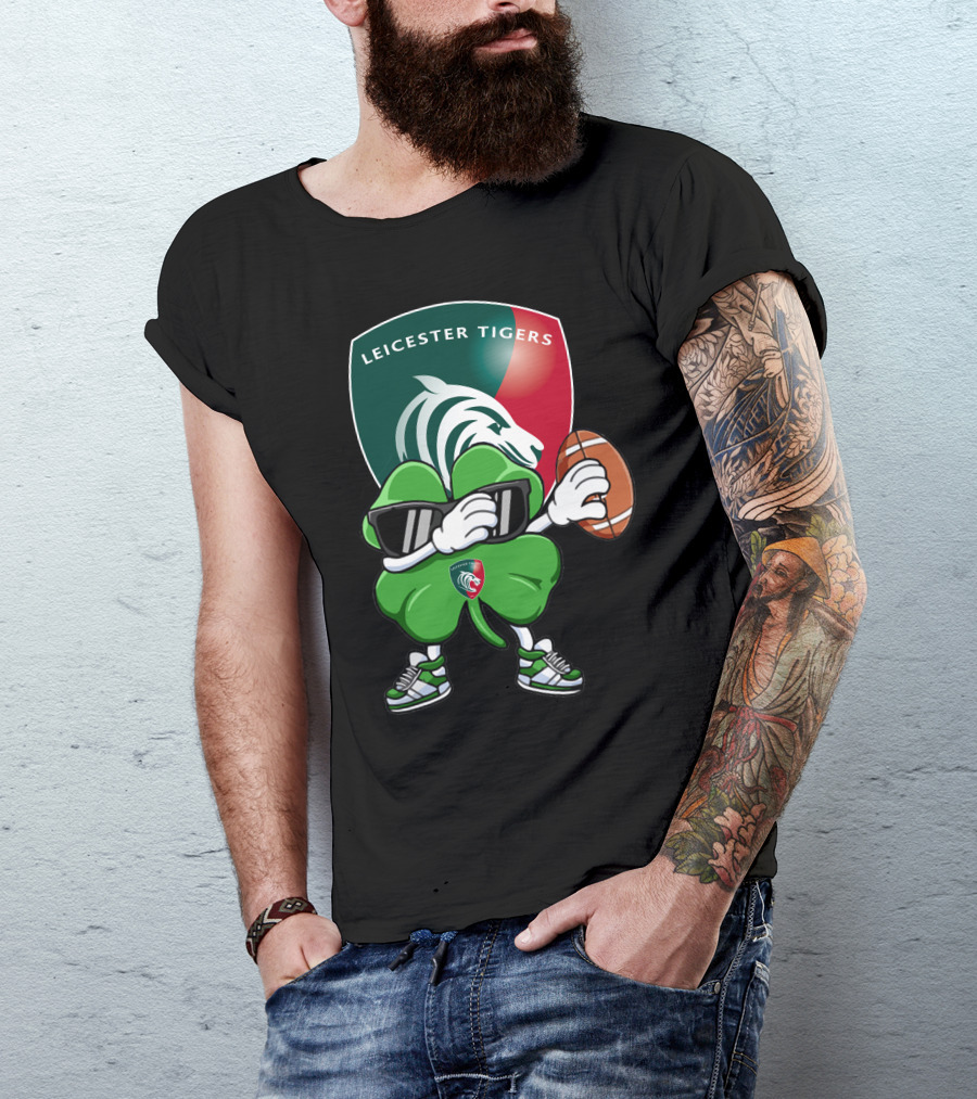 Leicester Tigers Shamrock Mascot Holding Rugby Ball T-Shirt