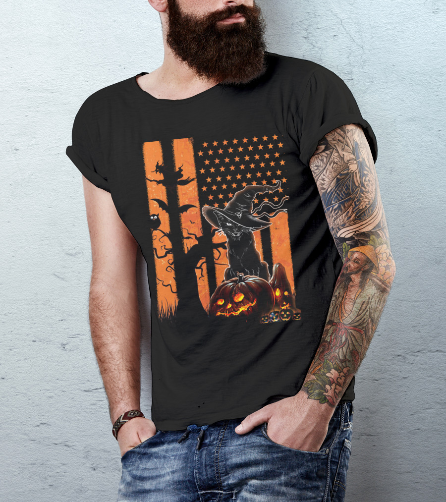 Halloween Black Cat Witch Hat Jack-O'-Lanterns And Stars On Orange Stripes T-Shirt