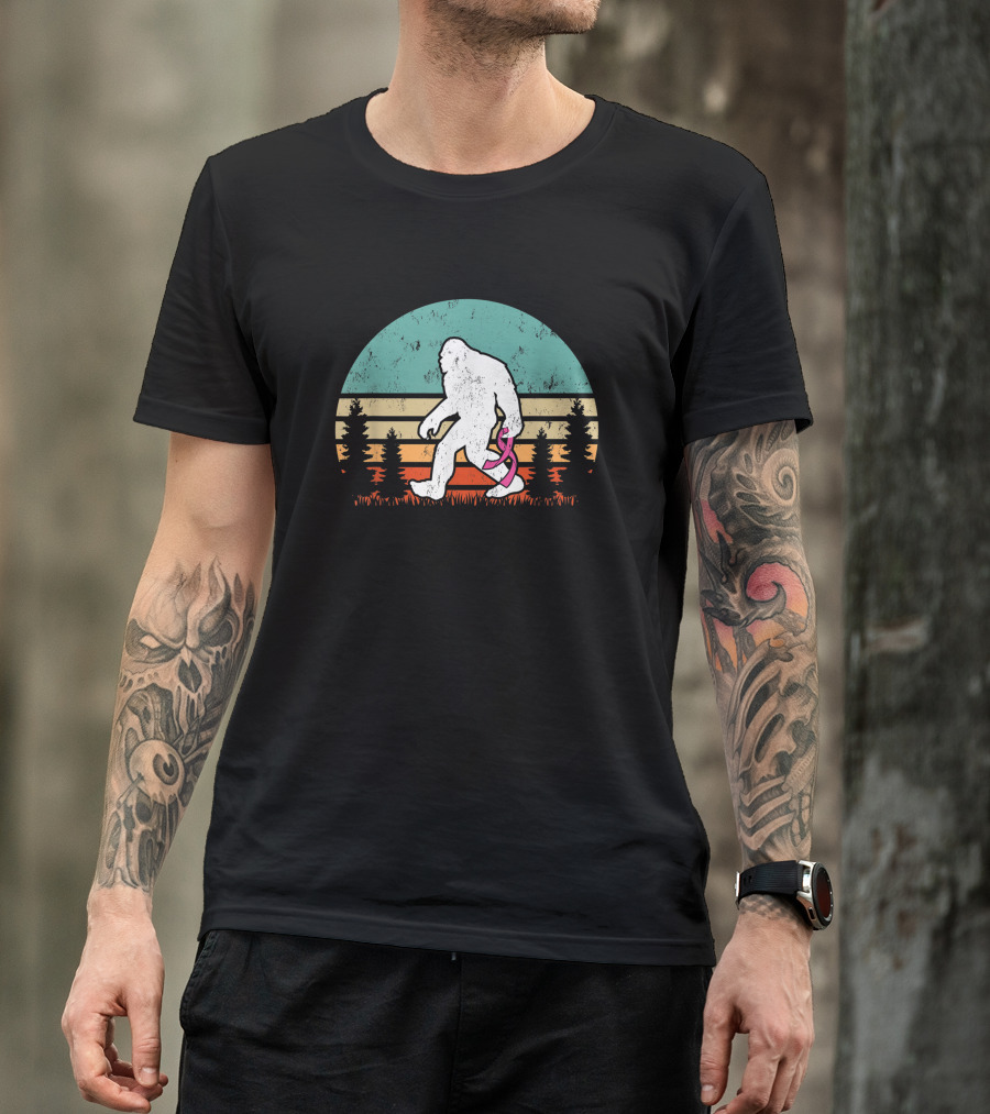Vintage Bigfoot Breast Cancer Awareness Pink Ribbon Forest Sunset T-Shirt