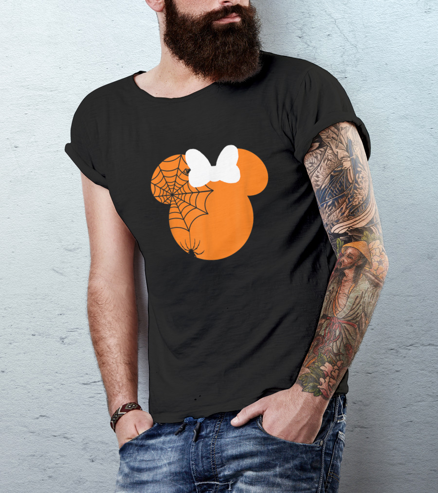 Cute Mouse Halloween Pumpkin With Bow And Spider Web T-Shirt