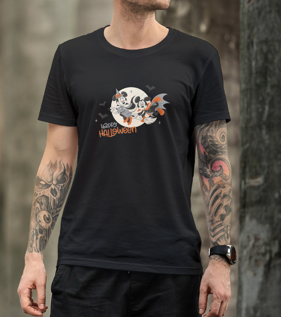 Happy Halloween Disney Minnie And Mickey Flying On Broomsticks T-Shirt