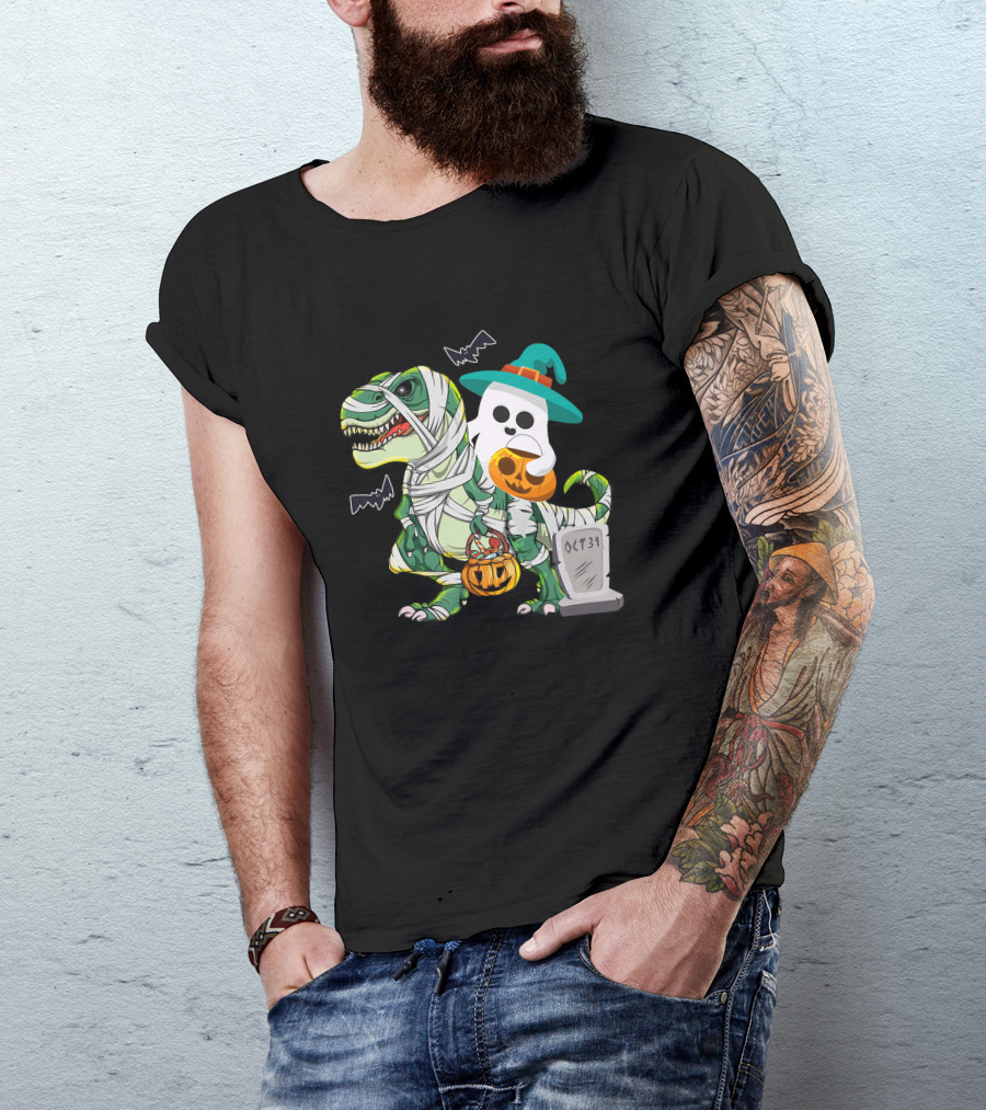Ghostly Mummy Dinosaur With Pumpkin Candy And Oct 31 Tombstone T-Shirt
