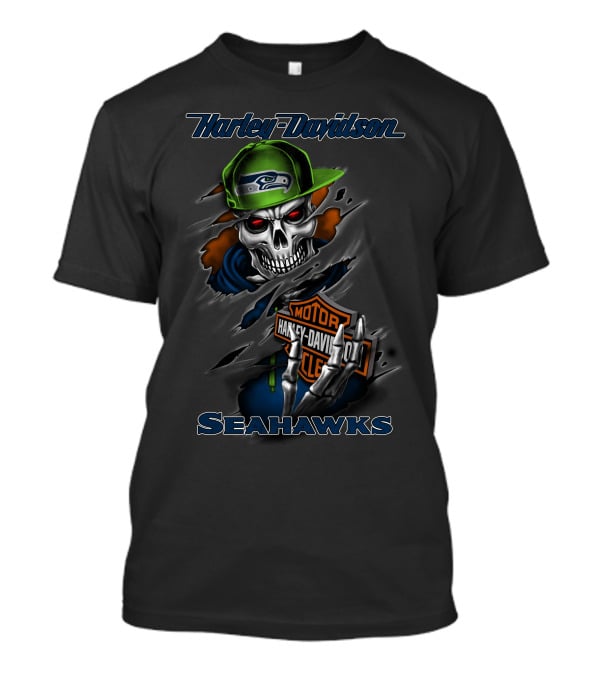 Harley Davidson Seahawks Skull With Motorcycle T-Shirt