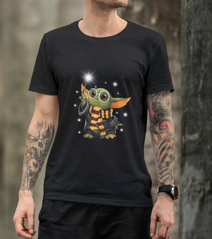Wand Holding Grogu In Wizard Robe And Scarf With Glasses T-Shirt
