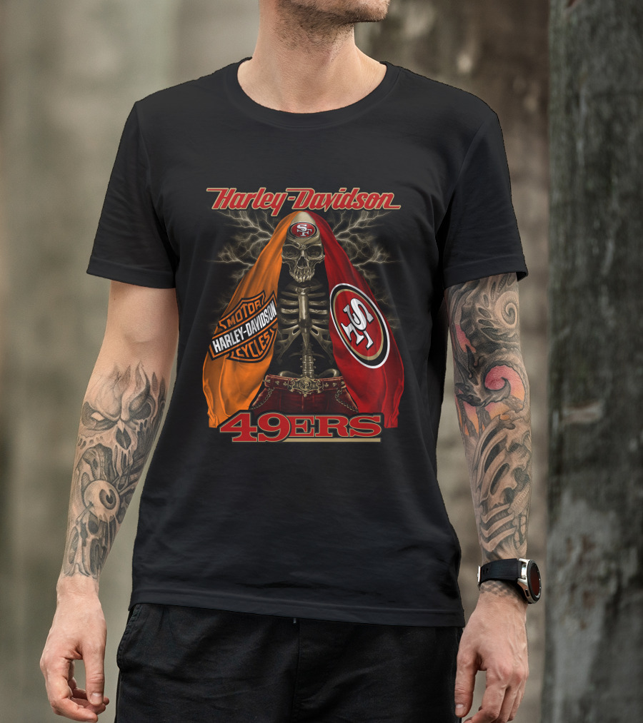 Harley Davidson San Francisco 49ers Skeleton With Motorcycles And S T-Shirt
