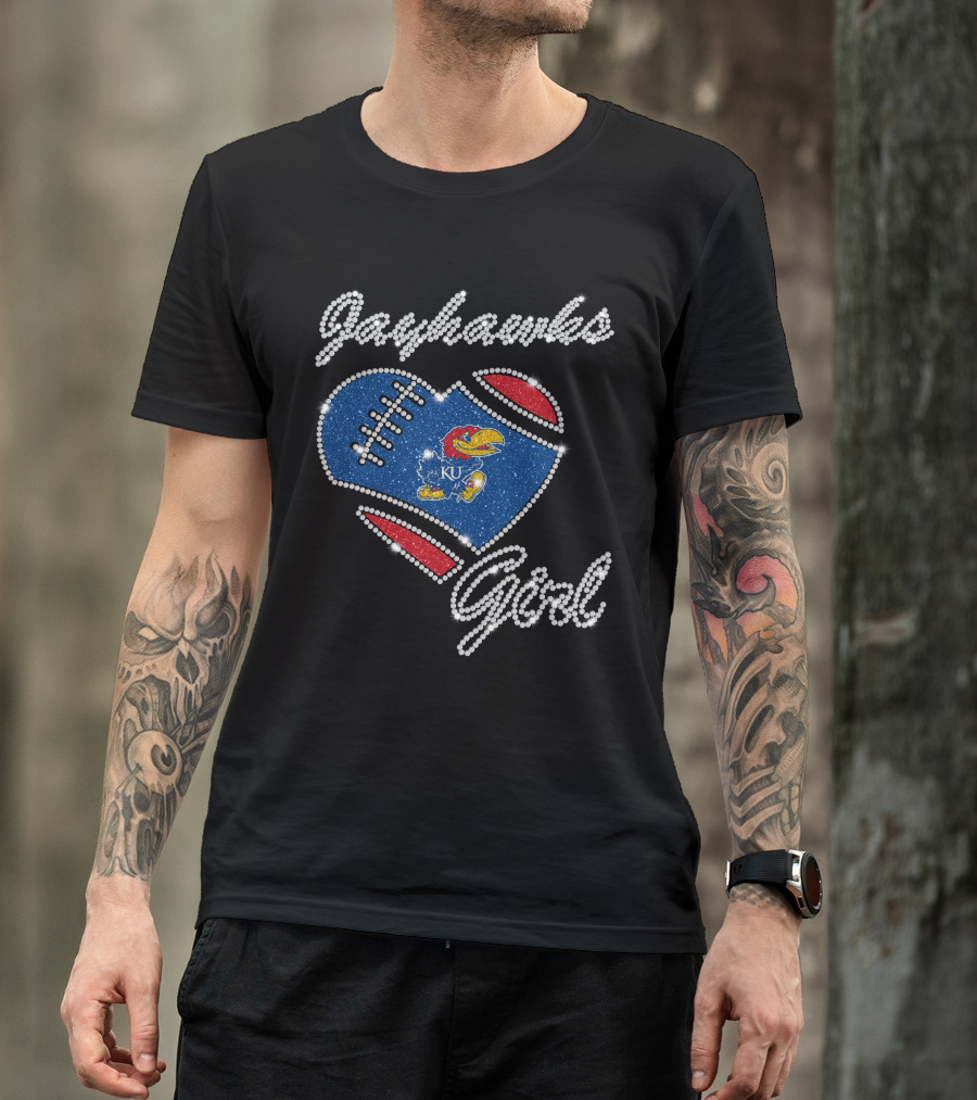 Jayhawks Girl Heart Ku Football T-Shirt