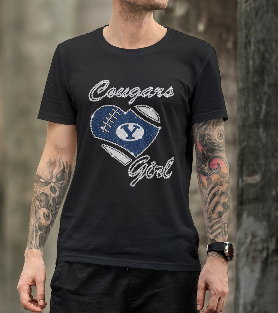 Byu Cougars Girl Football Heart Crystal T-Shirt