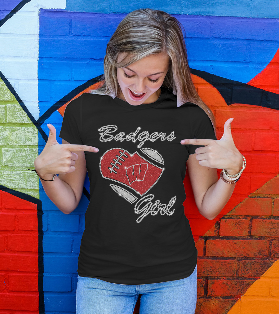 Badgers Girl Wisconsin Football Heart Rhinestone T-Shirt