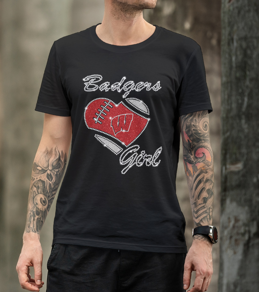 Badgers Girl Wisconsin Football Heart Rhinestone T-Shirt