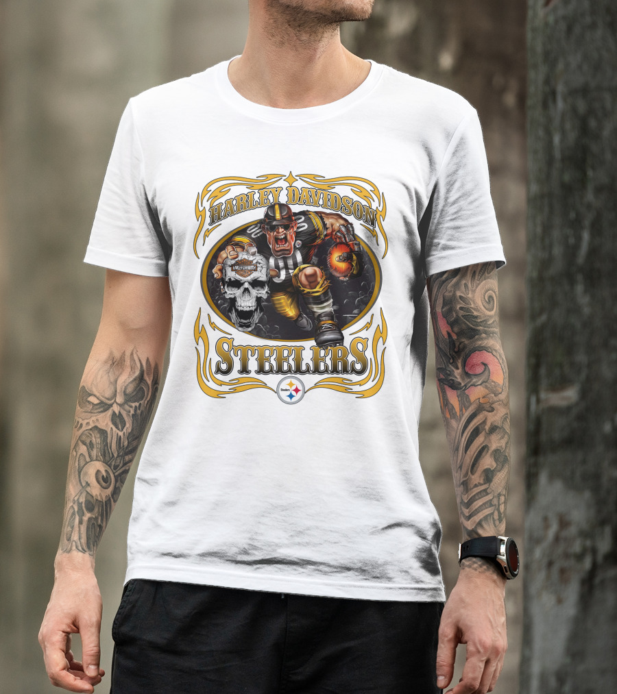 Harley Davidson Steelers Rugged Football Warrior With Fiery Helmet And Skull T-Shirt