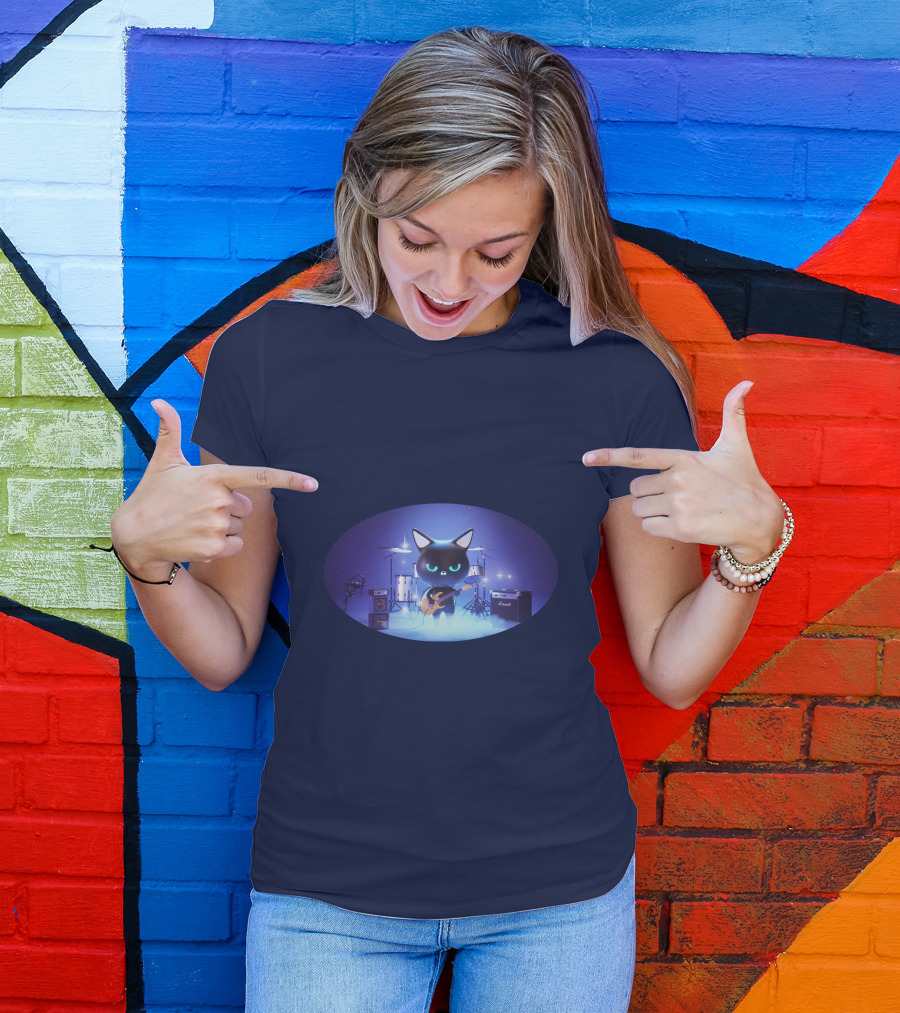 Cat Playing Guitar On Stage With Drums And Amps T-Shirt