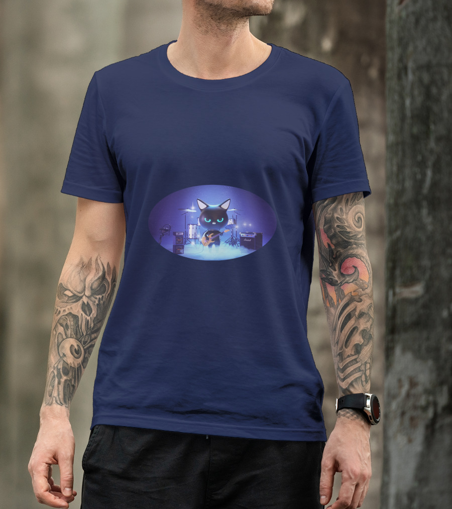 Cat Playing Guitar On Stage With Drums And Amps T-Shirt