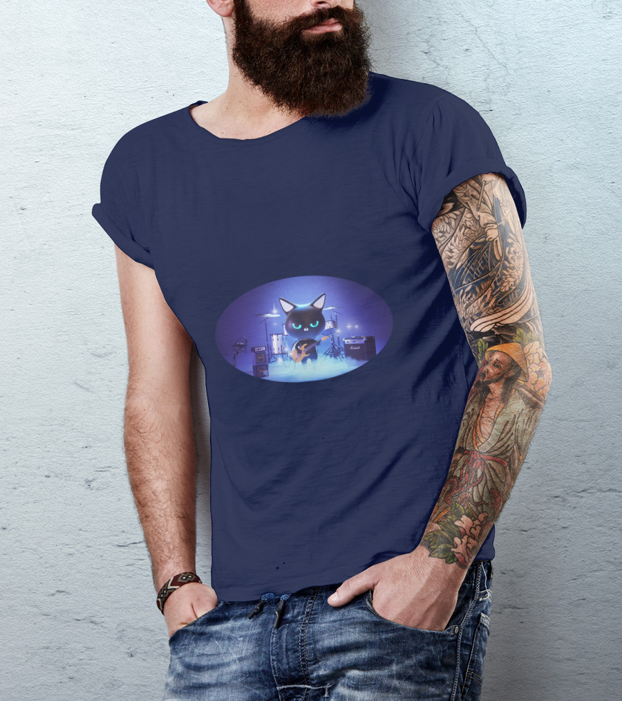 Cat Playing Guitar On Stage With Drums And Amps T-Shirt