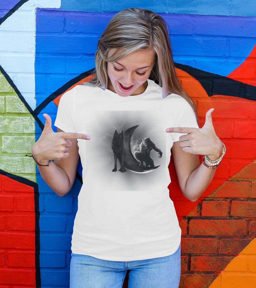 300219 Wolf And Werewolf On Crescent Moon With Lightning T-Shirt