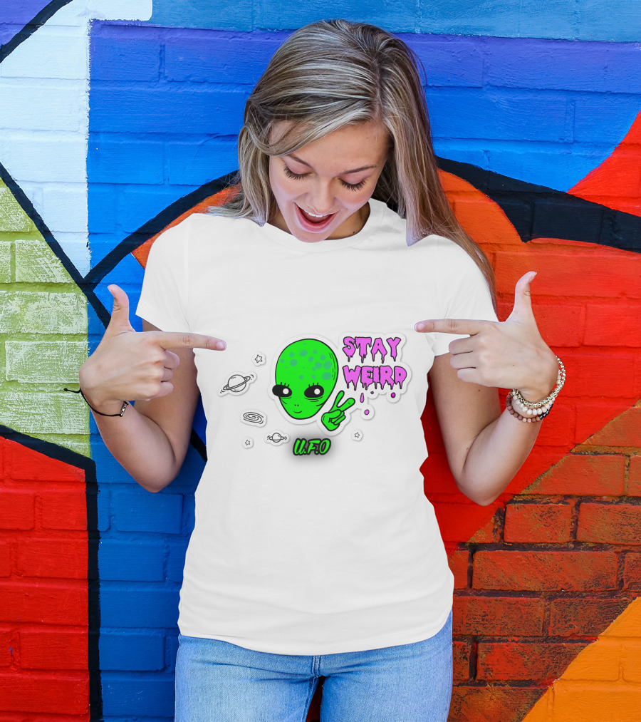 Stay Weird U.F.O. Alien Peace Sign Planet Stickers T-Shirt