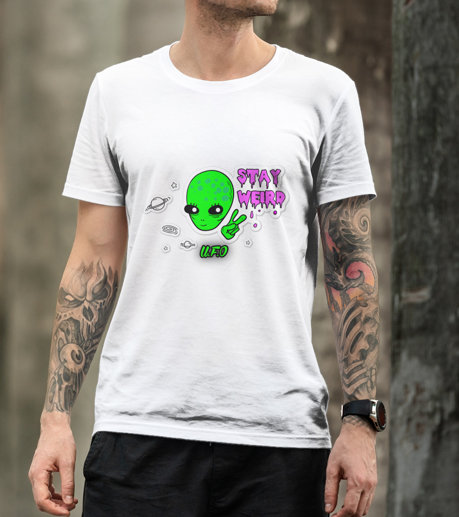 Stay Weird U.F.O. Alien Peace Sign Planet Stickers T-Shirt