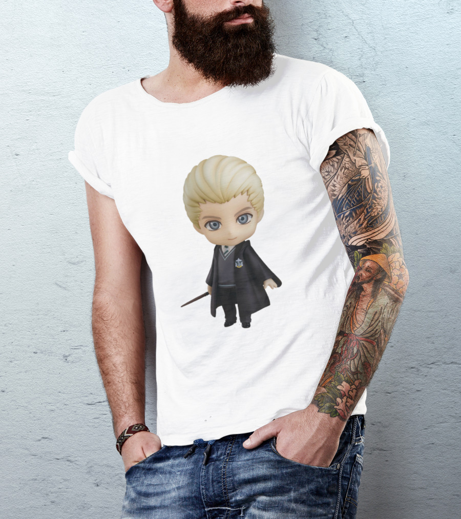 Draco Malfoy Chibi Character In Black Cloak Displaying Wand T-Shirt