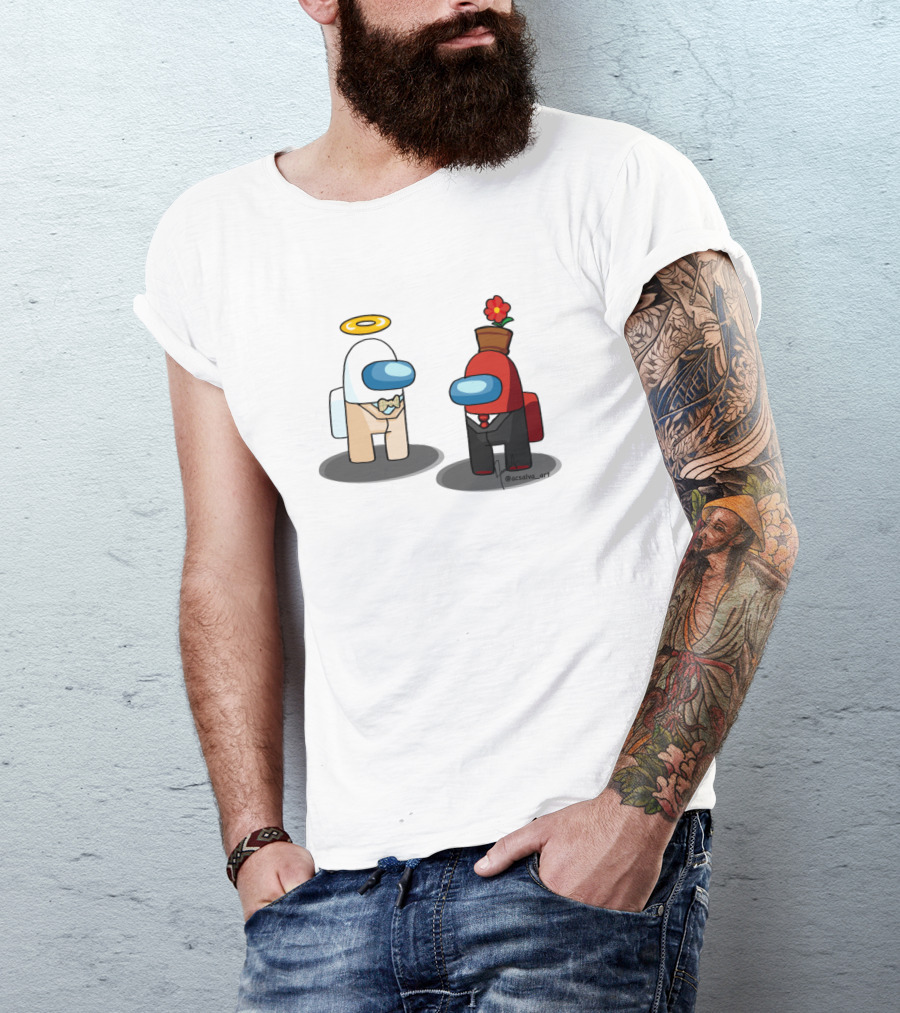 Among Us Ineffable Husbands Angel And Demon Characters In Suit And Bow Tie With Halo And Flowerpot Hat T-Shirt