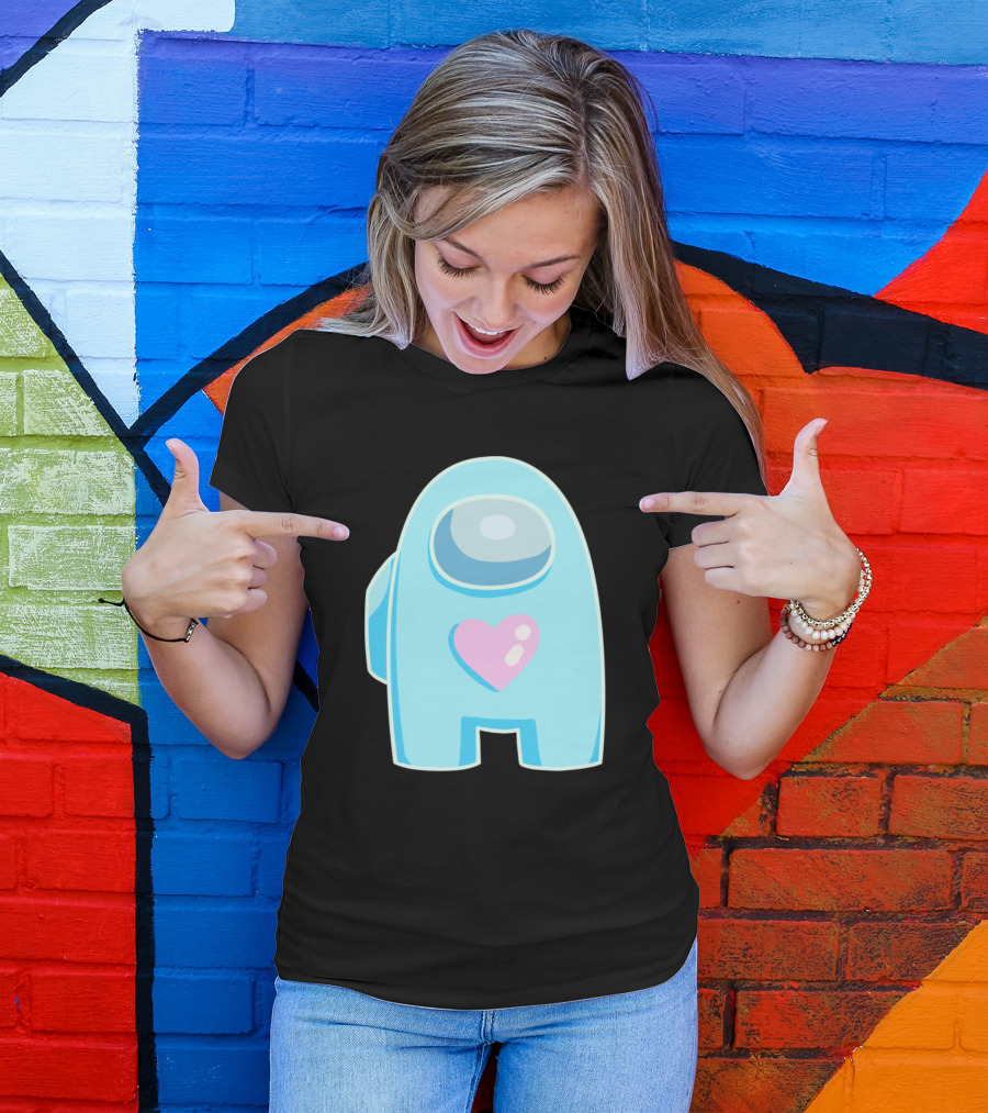 Blue Among Us Crewmate Pink Heart T-Shirt