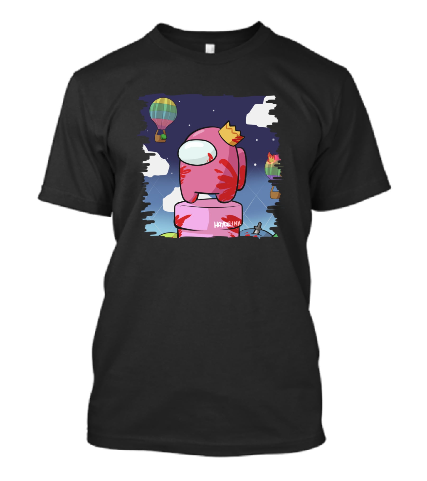 Haydeink Wrong Jelly Bean Among Us Crewmate With Crown Hot Air Balloon Sky Scene T-Shirt