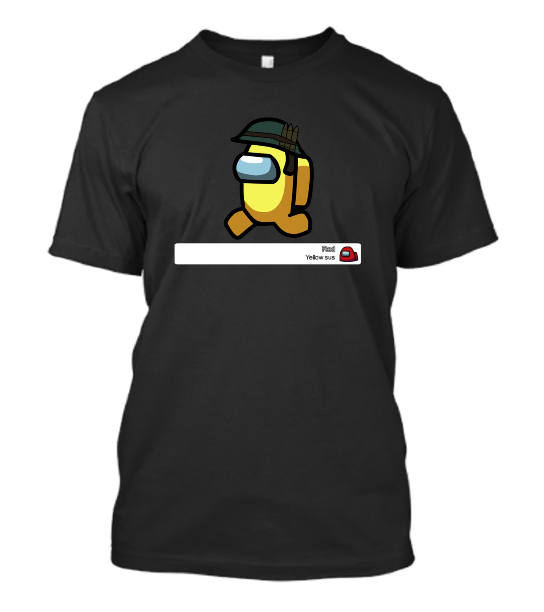 Among Us Yellow Sus Game Character With Helmet And Chat Text T-Shirt