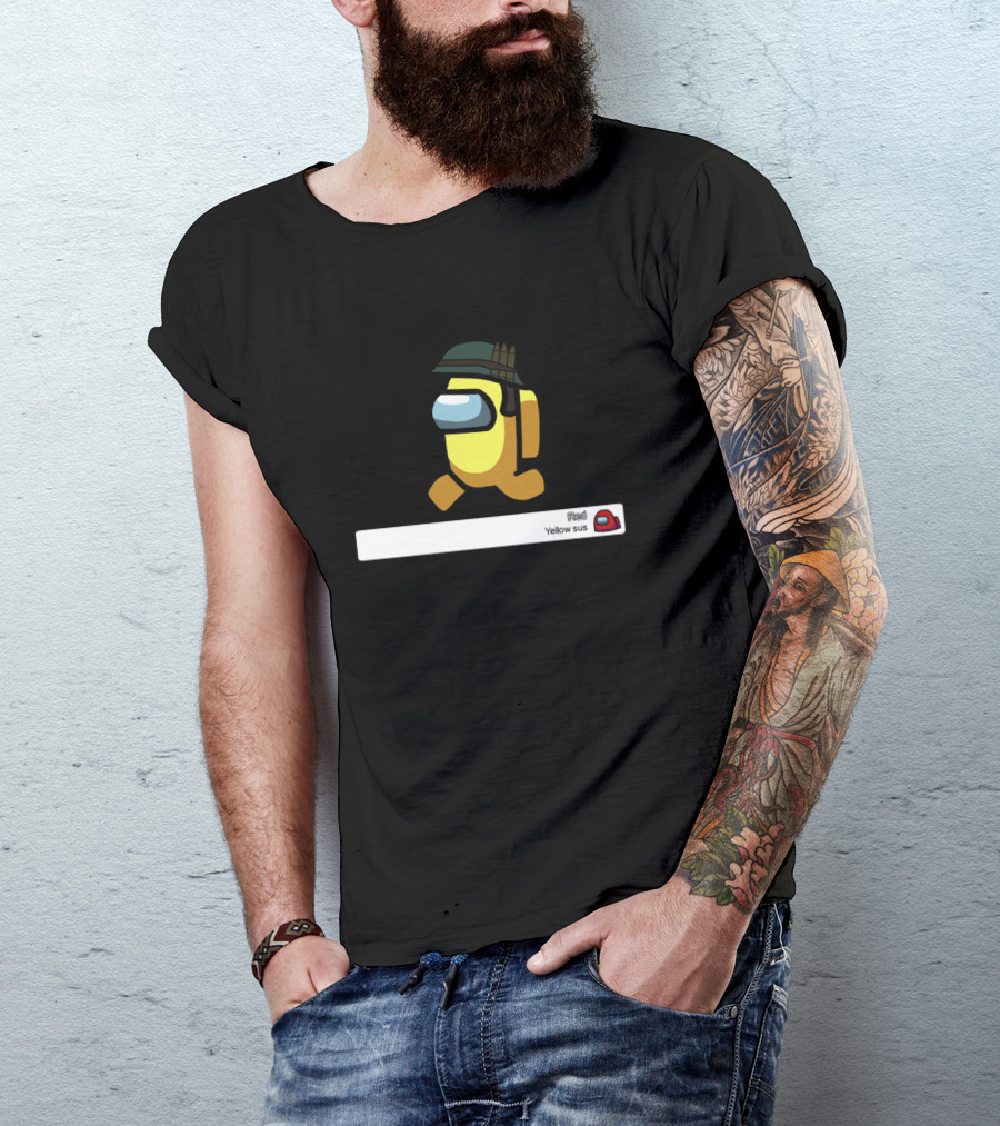 Among Us Yellow Sus Game Character With Helmet And Chat Text T-Shirt