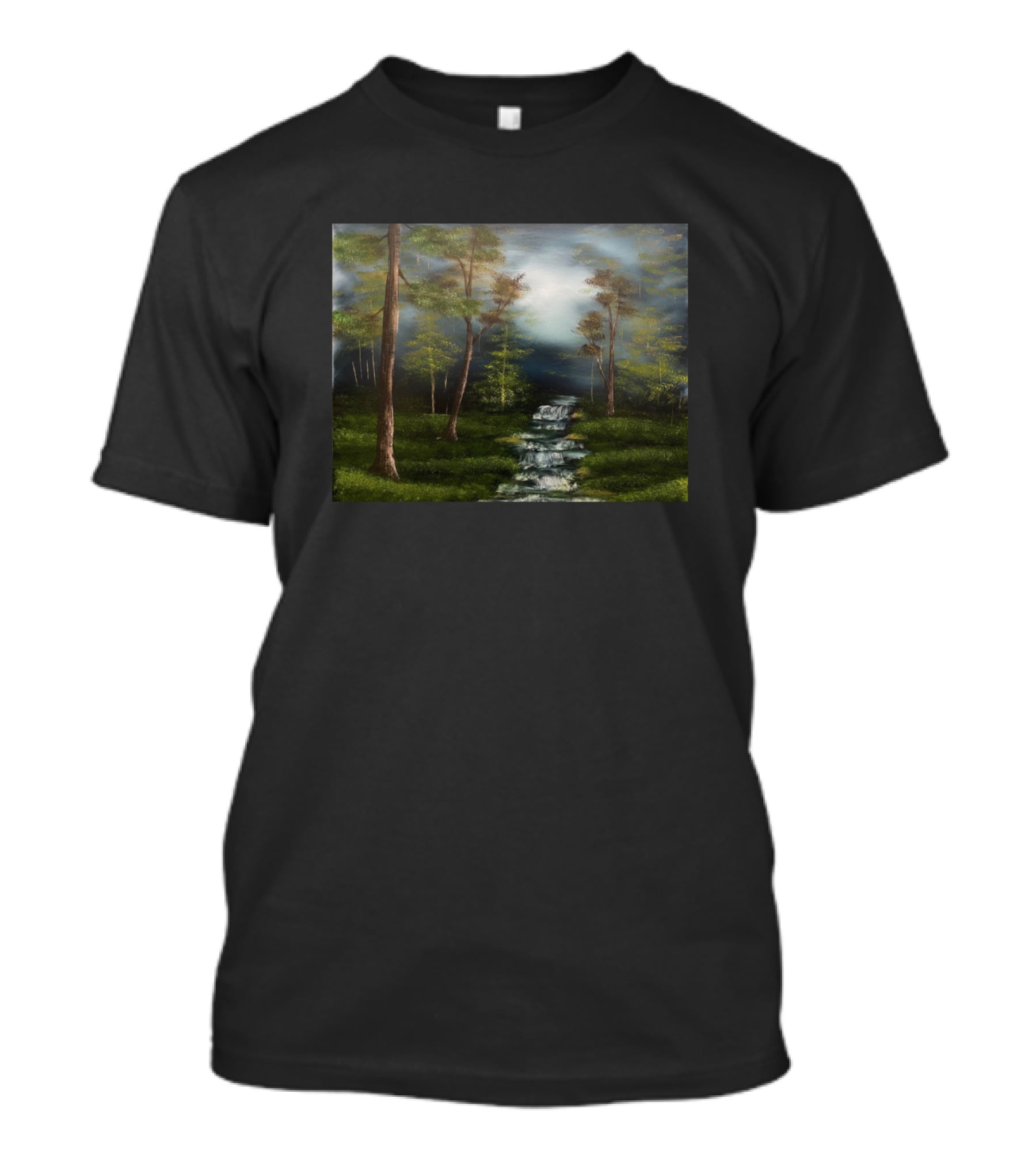 Dark Forest Creek Mysterious Woodland Stream Landscape Scene T-Shirt