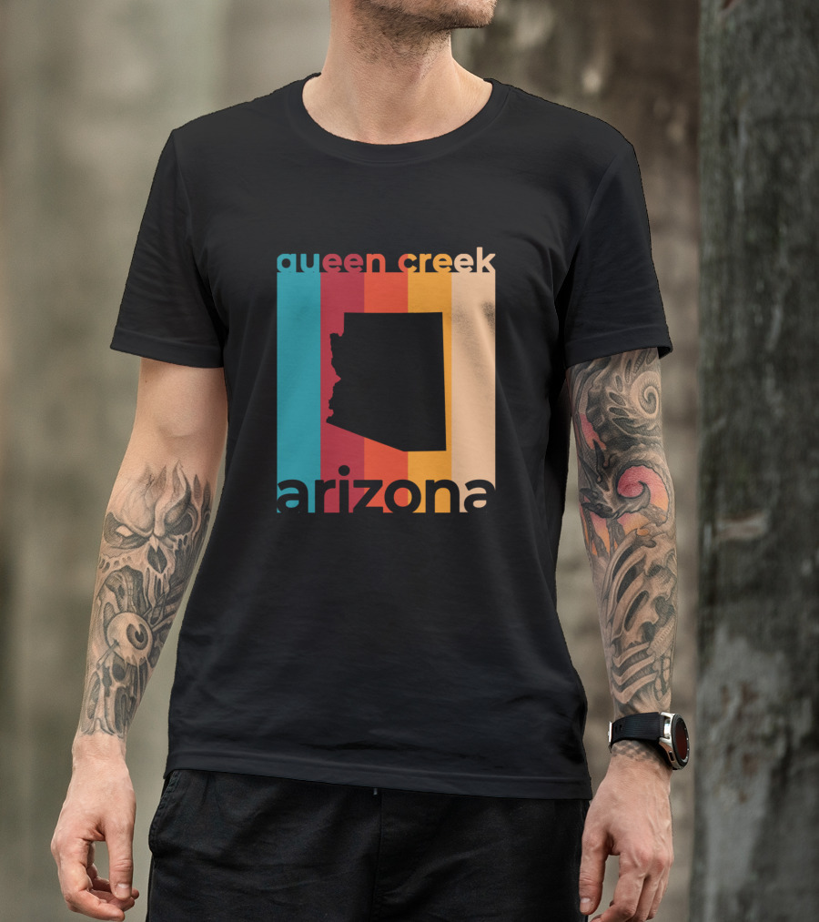 Queen Creek Arizona Retro Stripes Map T-Shirt