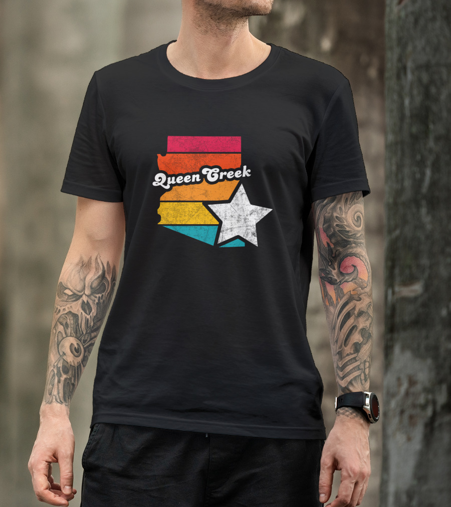 Queen Creek Arizona Vintage Map Star Retro Stripe T-Shirt