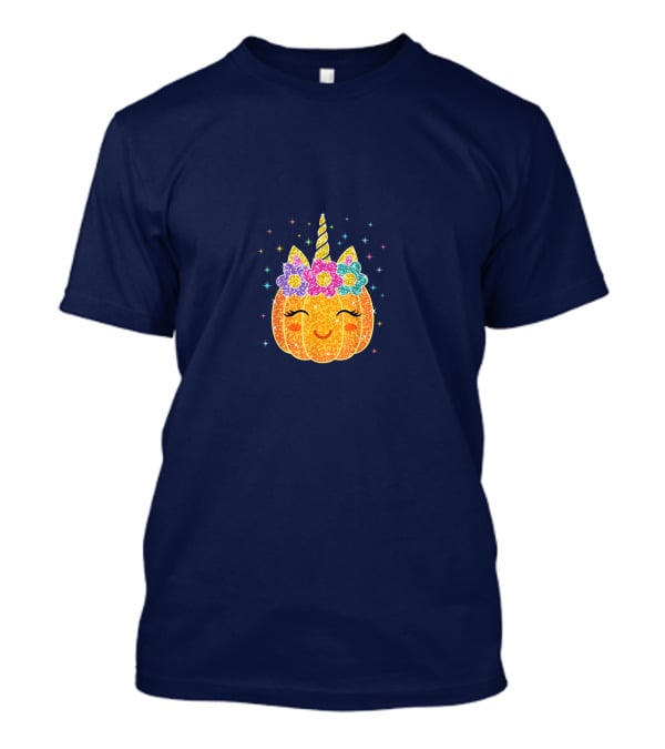 Cute Unicorn Pumpkin With Glittery Sparkling Flowers And Stars T-Shirt