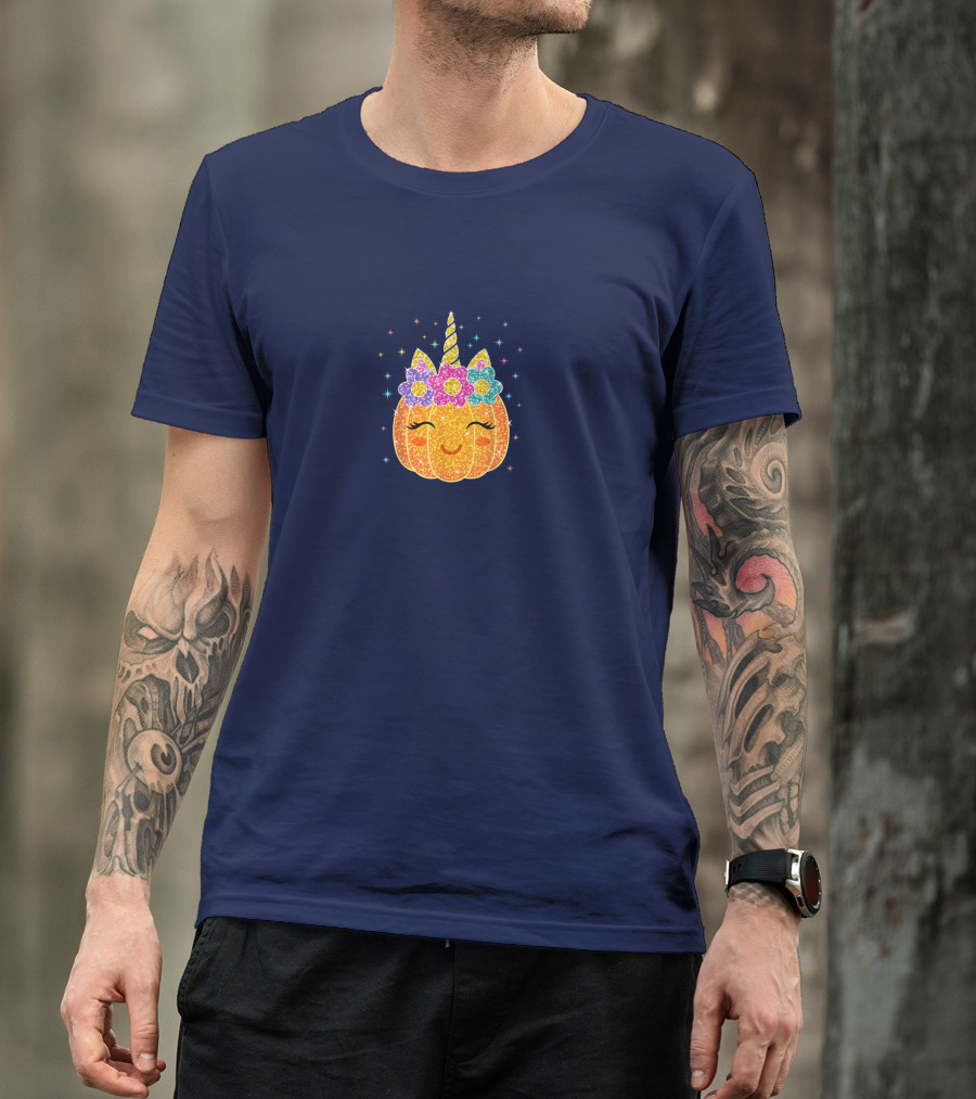 Cute Unicorn Pumpkin With Glittery Sparkling Flowers And Stars T-Shirt