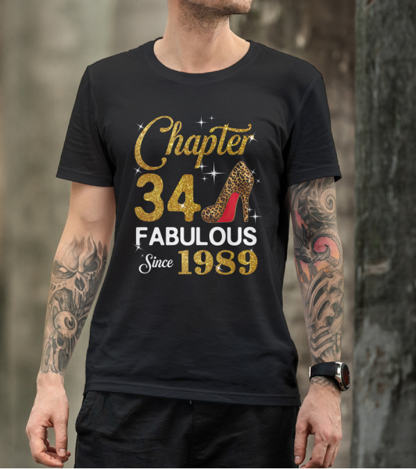 Chapter 34 Fabulous Since 1989 Golden Glitter Leopard Print Heel T-Shirt
