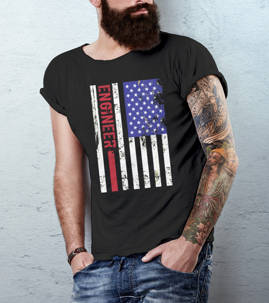 USA Engineer Vertical American Flag Design With Grunge Texture T-Shirt