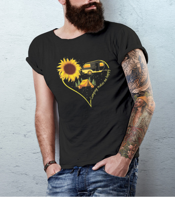 Camping Makes Me Happy Sunflower Campfire Camper Tent T-Shirt
