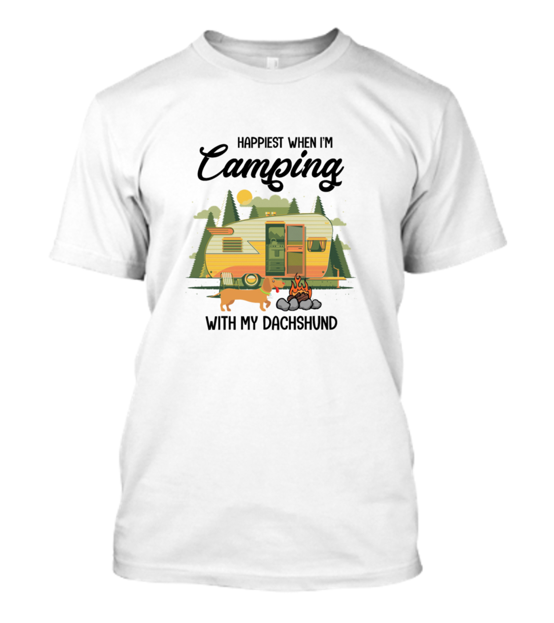 Happiest When I'm Camping With My Dachshund In A Retro Camper Scene T-Shirt