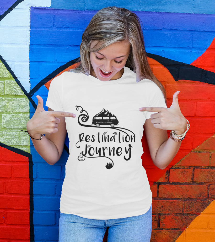 Adventure Is Calling Destination Journey Camping Van With Mountains And Trees T-Shirt