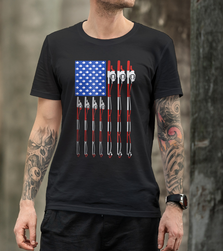 Vintage Distressed American Flag Fishing Poles With Fish T-Shirt