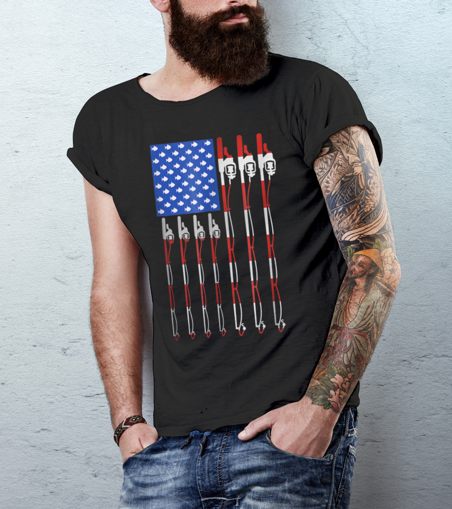 Vintage Distressed American Flag Fishing Poles With Fish T-Shirt