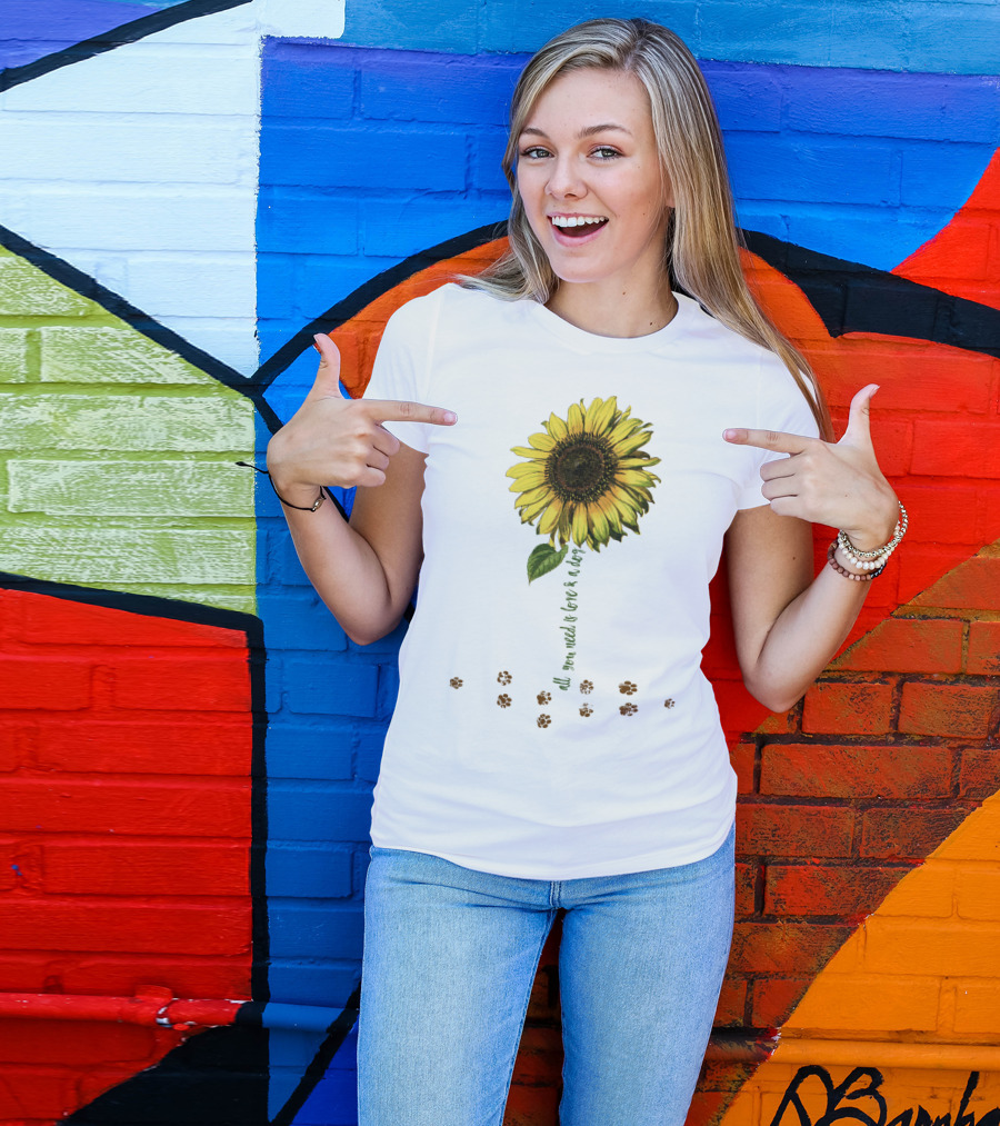 All You Need Is Love Dog Sunflower Paw Prints T-Shirt