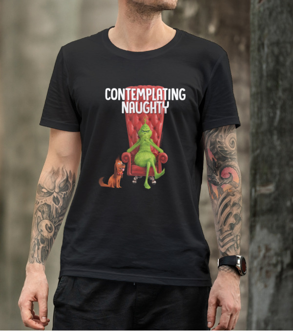Contemplating Naughty Grinch With Max In Red Chair T-Shirt