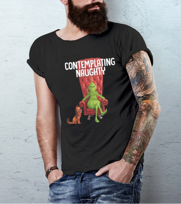 Contemplating Naughty Grinch With Max In Red Chair T-Shirt