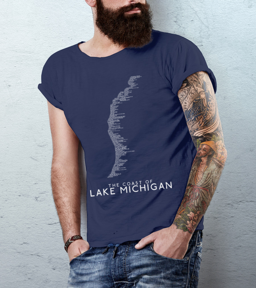 The Coast Of Lake Michigan With Cities, Parks, And Landmarks Along Michigan's Lake Michigan Coastline T-Shirt