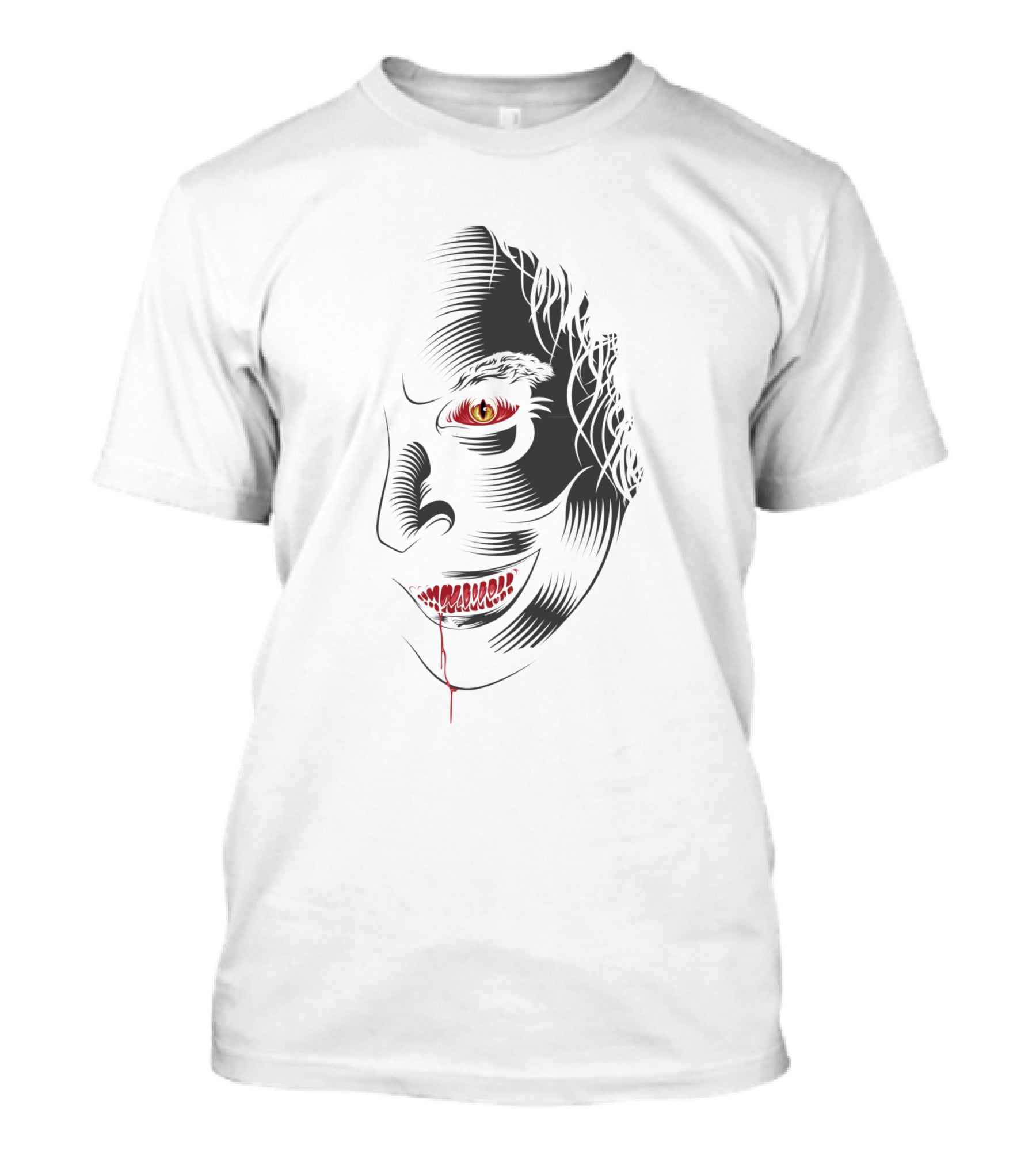 Aswang 1186733 Creepy Red-Eyed Smiling Face With Blood Drip T-Shirt