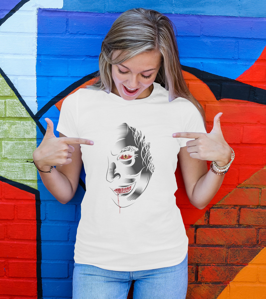 Aswang 1186733 Creepy Red-Eyed Smiling Face With Blood Drip T-Shirt