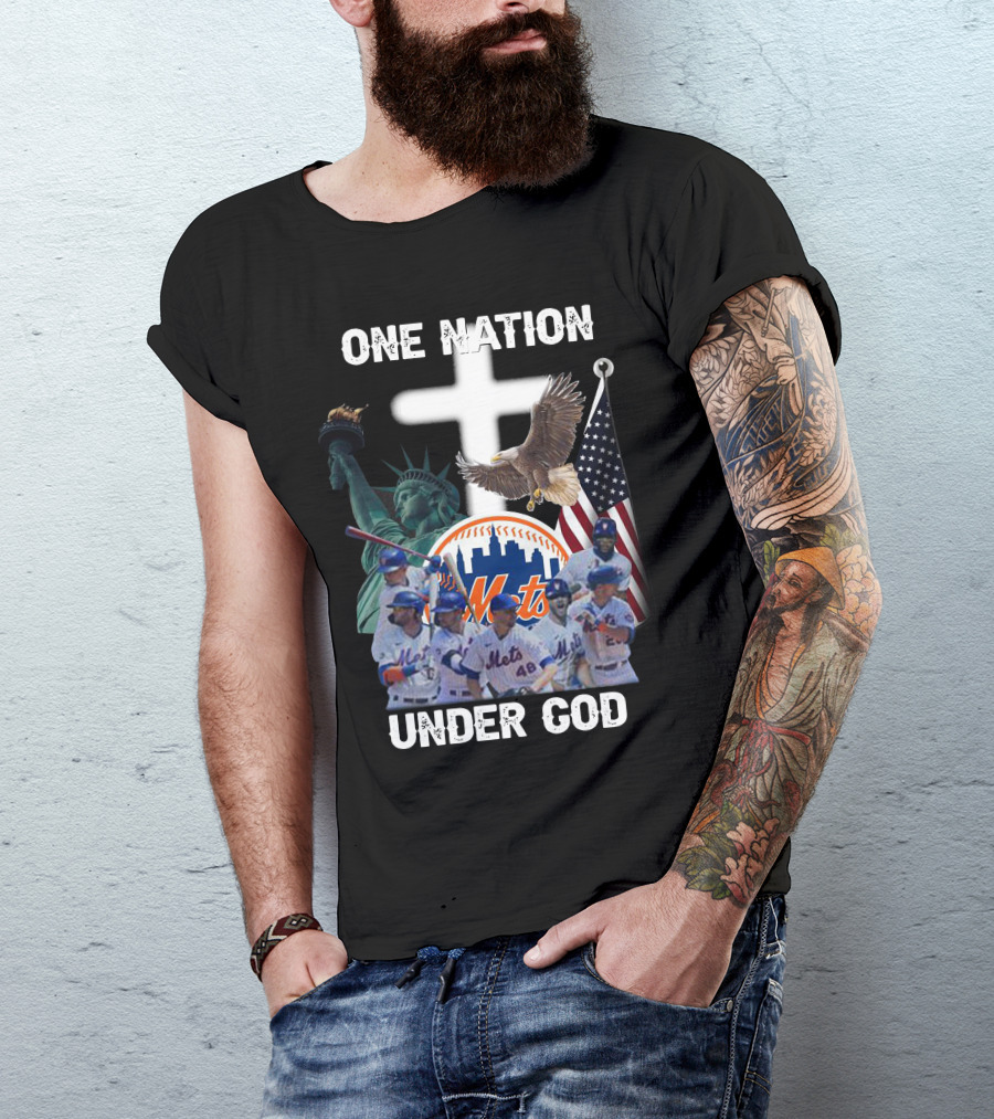 New York Mets One Nation Under God Liberty Eagle Flag Cross Baseball Players T-Shirt
