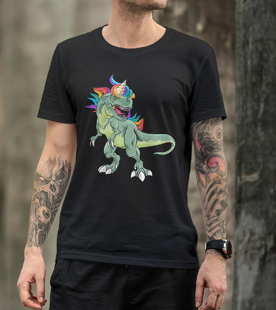 Unicorn Dinosaur Rex With Rainbow Mane And Horn T-Shirt