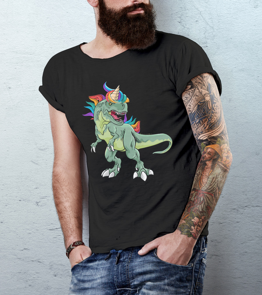 Unicorn Dinosaur Rex With Rainbow Mane And Horn T-Shirt